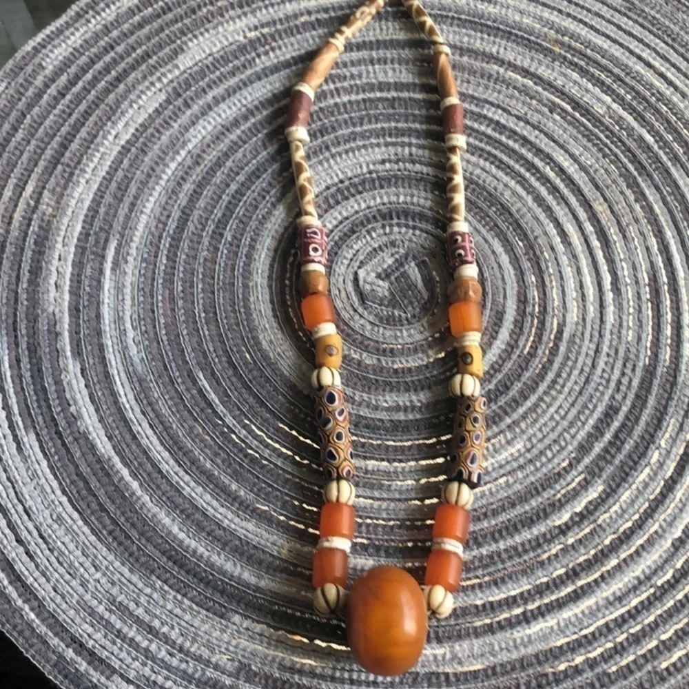 Boho wood beaded statement necklace 10”